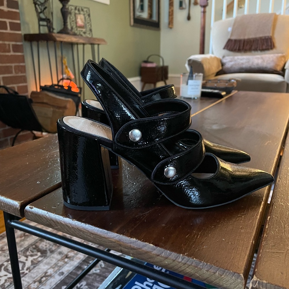 Topshop Black Patent Leather Slingback Heels with Button Straps